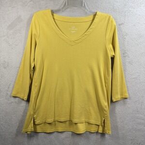 J Jill Pima 3/4 Sleeve V-Neck Top Women's Size S Mustard Yellow